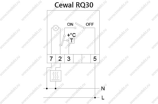 Схема подключения терморегулятора Cewal RQ30 для греющего потолка