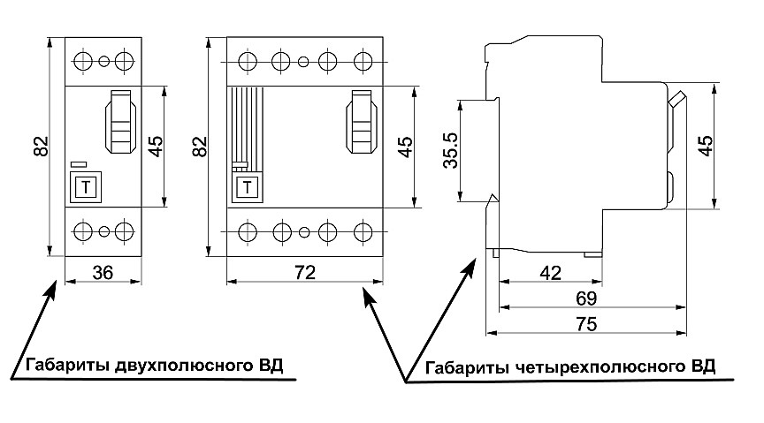 Выключатель дифференциального тока ВД1-63 (УЗО), габаритные размеры