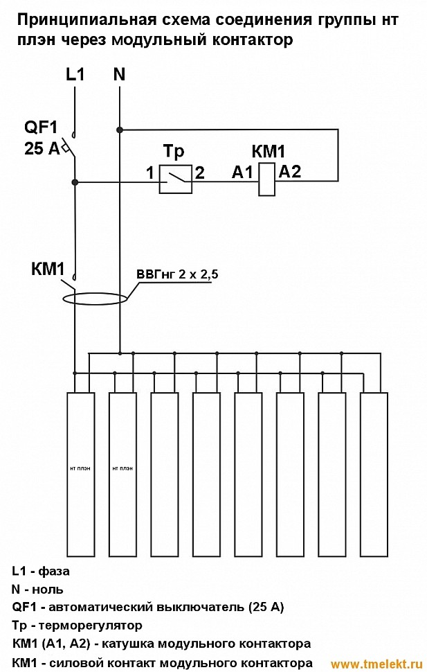 Принципиальная схема подключения группы пленочных электронагревателей через модульный контактор