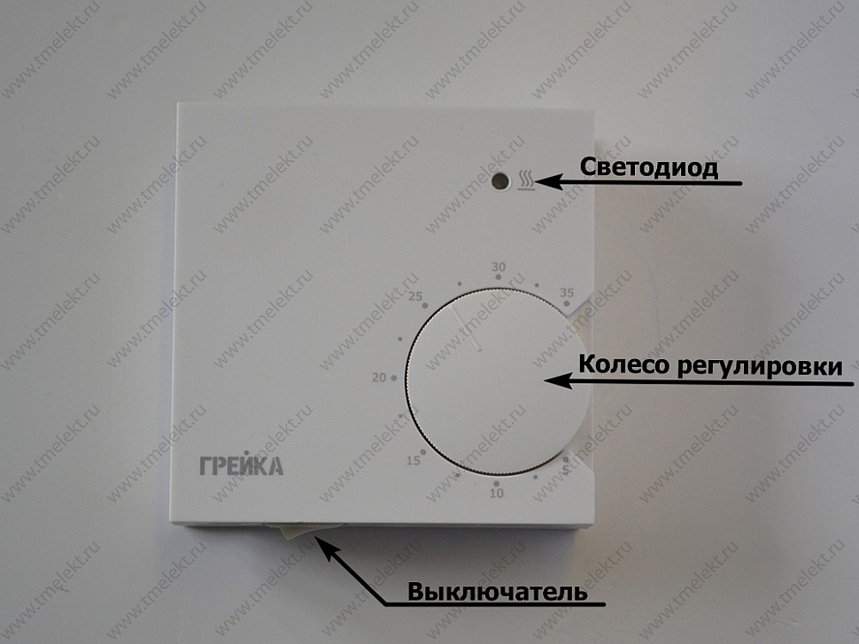 Органы управления терморегулятора Грейка V-01 – двухцветный светодиод, регулировочное колесо, выключатель