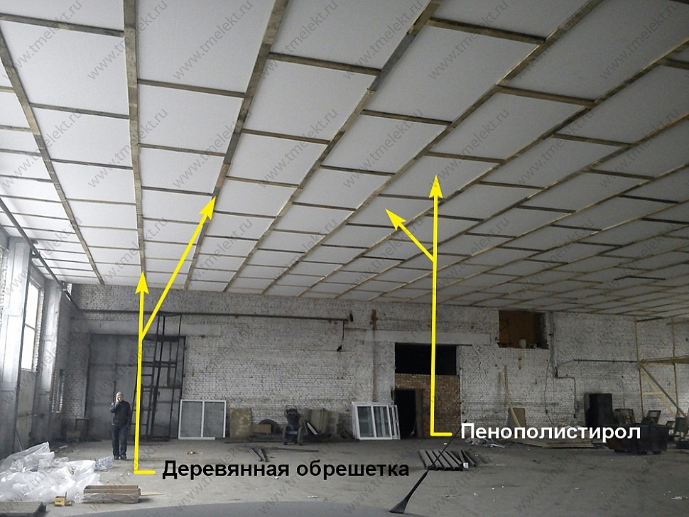 Отопление производства – подвесной потолок на тросовых растяжках, деревянный каркас с утеплителем